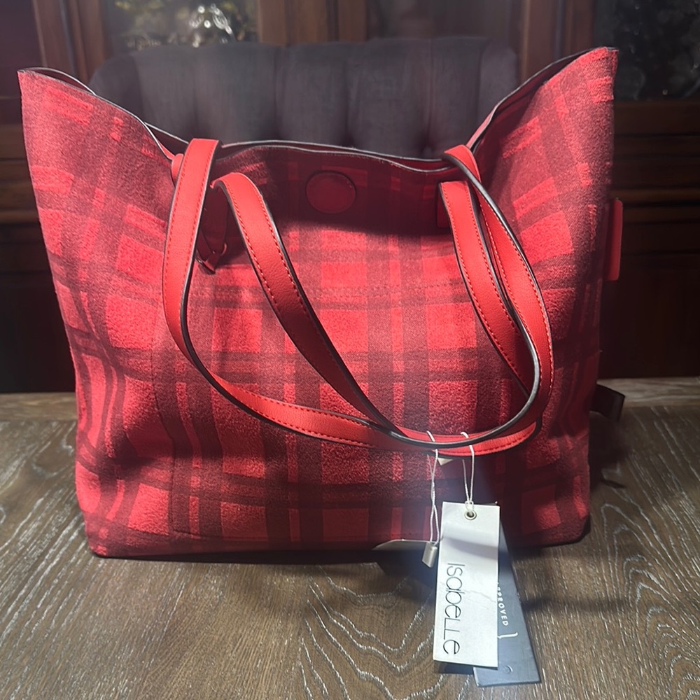 Isabelle Reversible Red Plaid Women's Tote Bag with Clutch